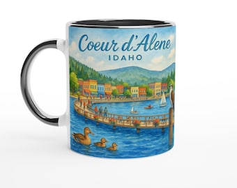 Coeur d’Alene Idaho Mug: Watercolor Lake & Downtown Scene