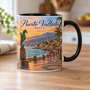 Puerto Vallarta Mexico Watercolour Mug – Malecón Sea Wall, El Caballito & Bahía de Banderas