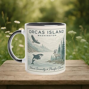 Mug Orcas Island : dessin au trait PNW minimaliste, souvenir côtier