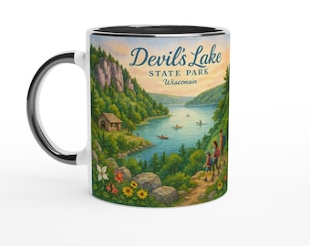 Devil’s Lake State Park Watercolor Mug – Bluffs, Lake, Wildflowers & Hiking Trails | Wisconsin Nature Gift