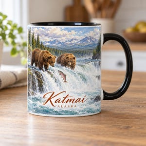 Katmai National Park Mug – Alaska Watercolor, Brooks Falls, Brown Bears & Salmon Run