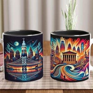 May include: Two black and white ceramic mugs with a cityscape design. The mug on the left features a nighttime cityscape with a bridge and buildings. The mug on the right features a daytime cityscape with a wave and buildings.
