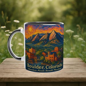 Boulder Colorado Mug, Flatirons Mountain Cup, Van Gogh Art, Hiking Gift, Outdoor Adventure Souvenir