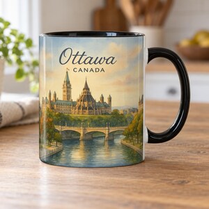 Ottawa Canada Mug – Parliament Hill, Rideau Canal Skyline & Maple Tree Watercolour Art