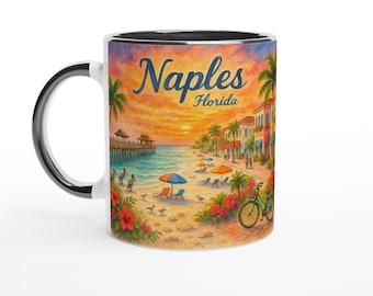 Naples Florida Watercolor Mug – Pier, Beach, Palm Trees & Downtown | Gulf Coast Sunset Gift