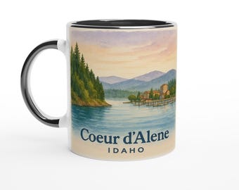 Taza de Coeur d'Alene, Idaho: Arte de acuarela junto al lago, recuerdo de Idaho