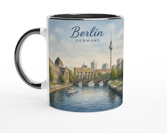 Mok Berlijn, Duitsland – Brandenburger Tor, tv-toren en waterverfkunst skyline van de rivier de Spree