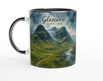 Glencoe Scotland Mug – The Three Sisters, Highland Valley & Misty Mountains Watercolour Art