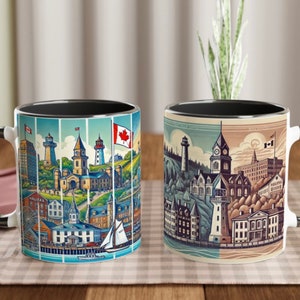 May include: Two white ceramic mugs with black rims and handles. Both mugs feature a colorful illustration of a Canadian city skyline with buildings, a lighthouse, and a sailboat. The mug on the left has a blue and green color scheme, while the mug on the right has a beige and brown color scheme.