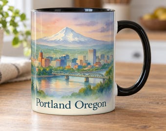 Portland, Oregon – Aquarellbecher: Mount Hood, Stadtsilhouette