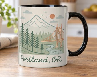 Portland Oregon Tasse: Minimalistisches Motiv: Mount Hood & St. Johns Bridge