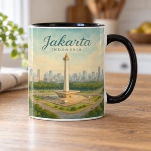 Jakarta Indonesia Mug – Monas National Monument, Merdeka Square Park & City Skyline Watercolour Art