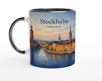 Stockholm Sweden Mug – Gamla Stan Island, City Hall Tower & Baltic Waterfront Watercolour Art