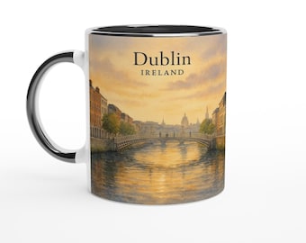 Dublin Ireland Mug – Ha’penny Bridge, River Liffey Reflections & Historic Skyline Watercolour Art
