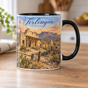 Terlingua Texas Aquarellbecher – Geisterstadtruinen, Himmel über Big Bend und niedrige Chisos-Bergkämme
