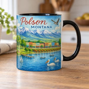 Polson Montana Watercolor Mug: Flathead Lake & Mission Mountains