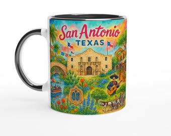 San Antonio Texas Watercolor Mug – River Walk, Alamo, Market & Fiesta Colors | City Art Gift