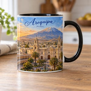 Arequipa Peru Mug – Cathedral Facade, Plaza de Armas & Misti Volcano