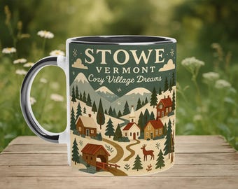 Stowe Vermont Mug, Cozy Mountain Gift, Cottagecore Ski Cup, Folk-Art Village, Rustic Travel Souvenir
