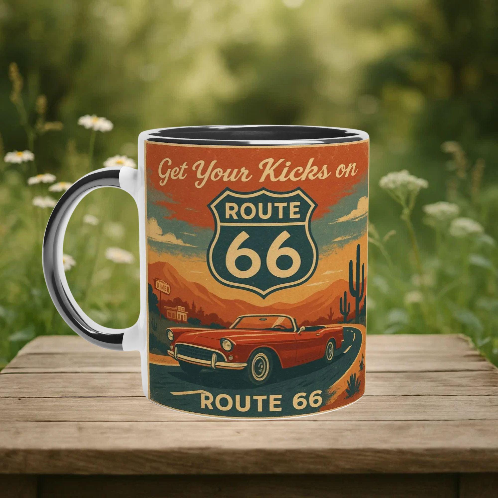 ヴィンテージルート66マグカップ：レトロなアメリカーナロードトリップ