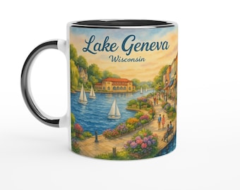 Lake Geneva Watercolor Mug – Sailboats, Historic Mansions, Riviera & Lakeside Gardens | Wisconsin Small Town Gift
