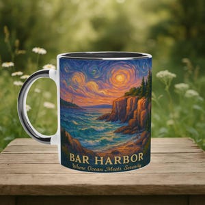 Bar Harbor Mug, Acadia National Park Cup, Maine Souvenir, Van Gogh Coastal Art, Nautical Decor Gift