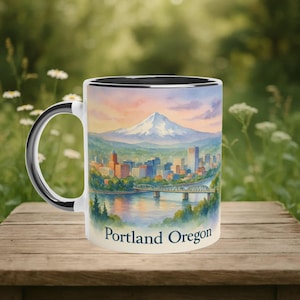 Portland Oregon Watercolor Mug: Mount Hood, City Skyline Art