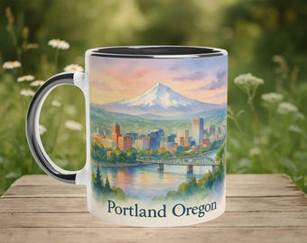 Tazza acquerello di Portland, Oregon: Monte Hood, skyline della città