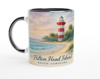Hilton Head Island Mug, South Carolina Gift, Beach Souvenir, Coastal Decor, Striped Lighthouse