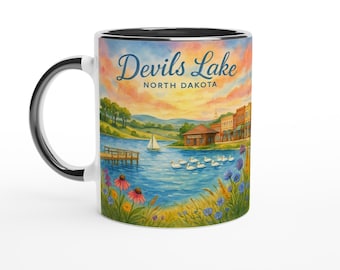 Devils Lake North Dakota Watercolor Mug – Lakeshore, Downtown, Wildflowers & Pelicans | Prairie Lake Art Gift