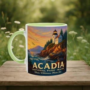 Acadia National Park Mug, Maine Lighthouse Gift, Bass Harbor Coffee Cup, Coastal Nature Souvenir, Hiking Decor