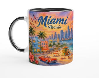 Miami Florida Watercolor Mug – Art Deco, Palm Beach, Skyline & Sunset | Tropical City Gift