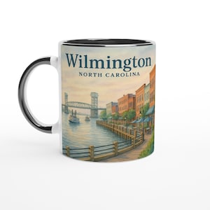 Wilmington North Carolina Mug, NC Riverfront Gift, Cape Fear Bridge, Coastal Souvenir, Historic Downtown Art