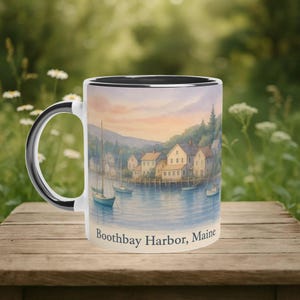 Boothbay Harbor Mug, Maine Coastal Gift, Nautical Decor Cup, Seaside Village Art, New England Souvenir