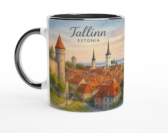Tallinn Estonia Mug – Medieval Old Town Walls, Toompea Spires & Baltic Harbour Watercolour Art