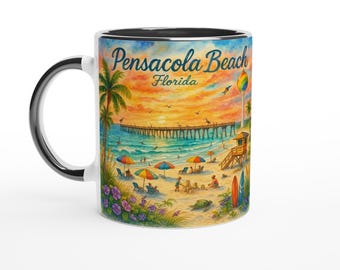 Pensacola Beach Watercolor Mug – White Sand, Pier, Palm Trees & Sunset | Florida Gulf Coast Gift