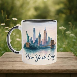New York City Mug, NYC Skyline Coffee Cup, Watercolor City Souvenir, Statue of Liberty Gift, Travel Lover Keepsake