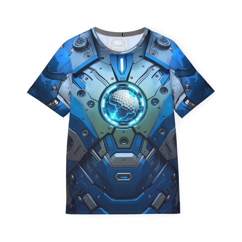 May include: A short-sleeved t-shirt featuring a futuristic design in shades of blue, gray, and silver. The graphic resembles a high-tech suit of armor with a glowing circular element at the center. The design incorporates mechanical details and a golf ball.