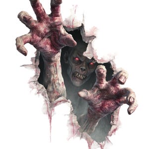 May include: A digital illustration of a zombie bursting through a torn surface. The zombie has gray skin, red eyes, and sharp teeth. Two bloodied hands reach out, adding to the horror theme. The torn surface has a white background.
