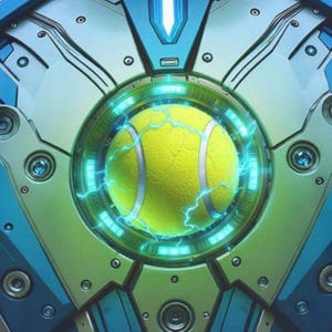 May include: A yellow tennis ball is contained within a futuristic metallic structure. The design features a circular core with electric blue energy, surrounded by a teal and silver frame. The overall aesthetic is high-tech and stylized.