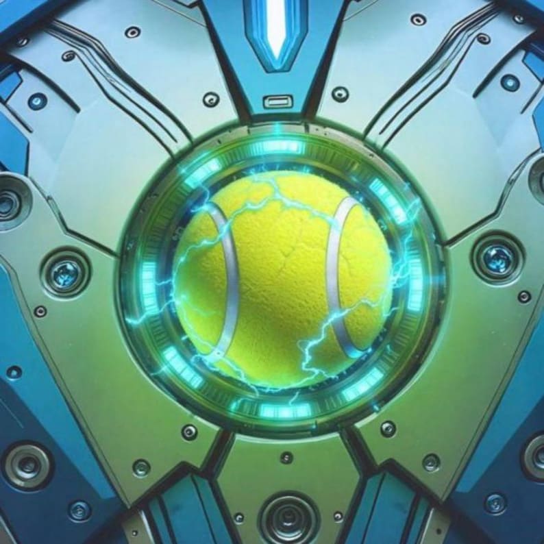 May include: A yellow tennis ball is contained within a futuristic metallic structure. The design features a circular core with electric blue energy, surrounded by a teal and silver frame. The overall aesthetic is high-tech and stylized.
