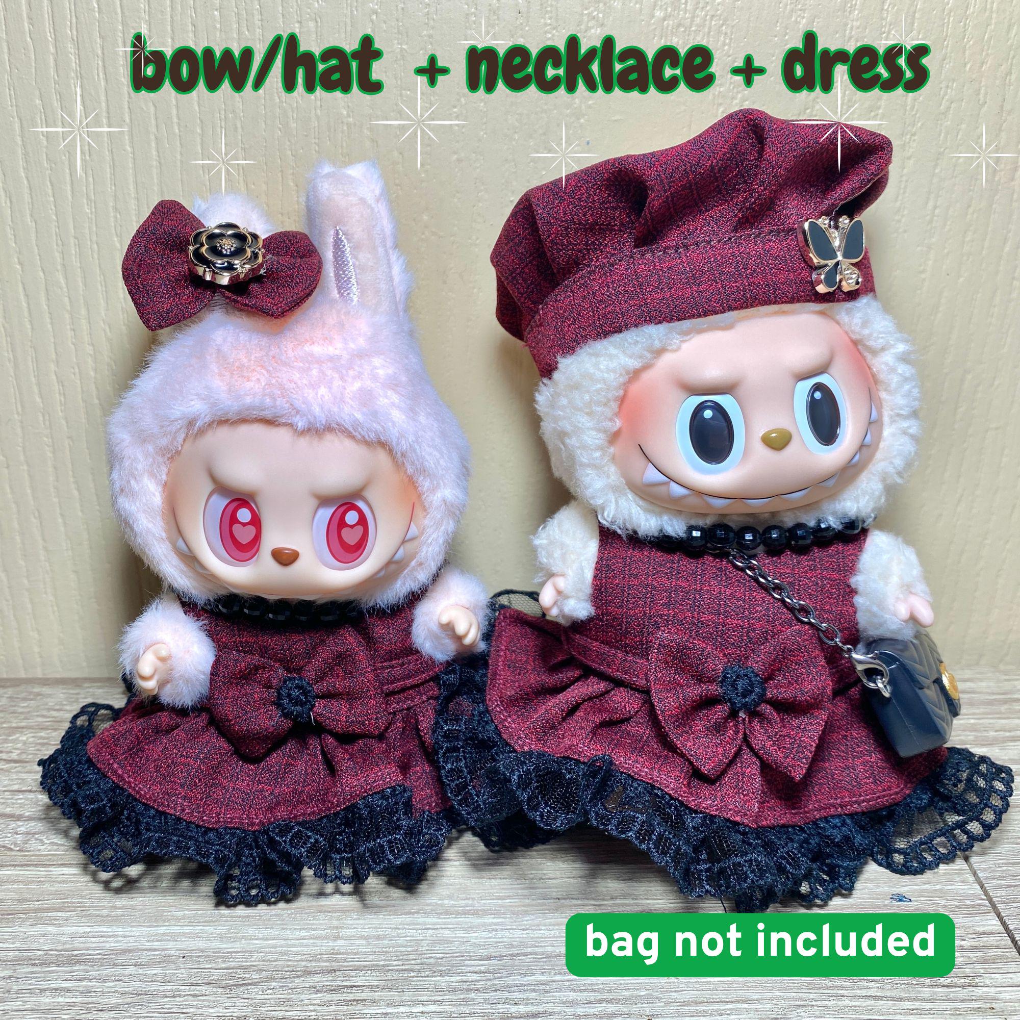 Luxury Burgundy Labubu Dress – Black Lace Trim, Beret or Bow, Shiny Necklace – Handmade Doll Clothes