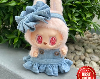 Handmade adorable labubu V1V2 Blue Denim Overall Dress Outfit Gift