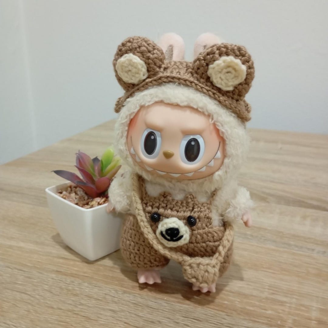 Cloth For Lapupu Doll,5-Piece Handcrafted Crochet Clothes Outfit For 17cm Lapupu(NO Doll) - Light Pink Clothes + Light Pink Bear-Shaped Velvet Hat + Glasses + Shoulder Bag + White Canvas Shoes