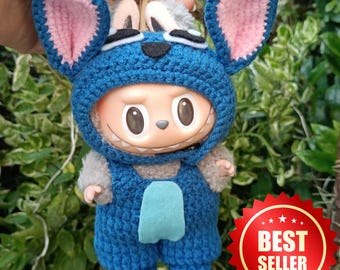 Handmade Crochet Labubu Doll Outfit – Cartoon Stitch Cosplay Costume for 17cm Pop Mart Labubu, Cute Blue Animal Clothes, Doll Accessories