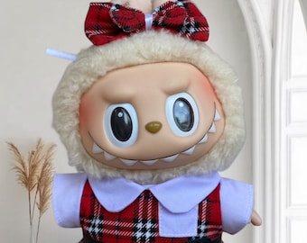 School Girl Red Blue Dress for Labubu – Handmade Outfit with Bow & Black Belt – Cute Doll Clothes