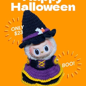 Handmade Labubu Witch Outfit – Crochet Halloween Costume for 17cm Doll, Labubu Cosplay Clothes, Cute Doll Accessory