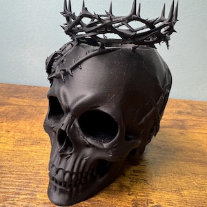 May include: A matte black skull sculpture featuring a detailed crown of thorns resting on its cranium. The skull has hollow eye sockets, a nasal cavity, and visible teeth, with the thorny branches wrapping around the top portion of the head.