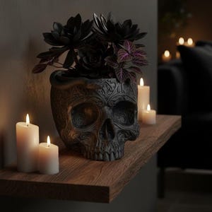 Könnte beinhalten: Ein schwarzer, schädelartiger Pflanzentopf mit aufwendigen Schnitzereien, der dunkle Sukkulenten mit violetten Akzenten enthält. Der Topf steht auf einem Holzregal, umgeben von brennenden weißen Kerzen. Das Ambiente erinnert an Gothic oder Halloween.