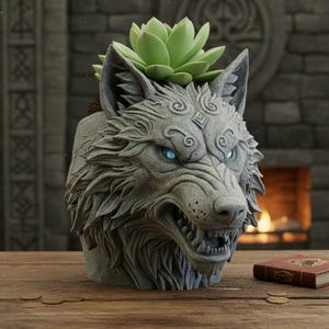Maceta con forma de cabeza de lobo Fenrir - Maceta impresa en 3D